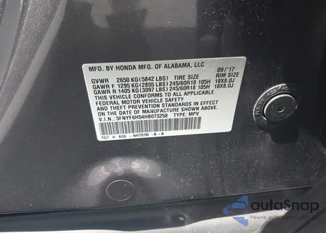 2017 Honda Pilot Ex-L from USA, damaged, VIN 5FNYF6H54HB073258